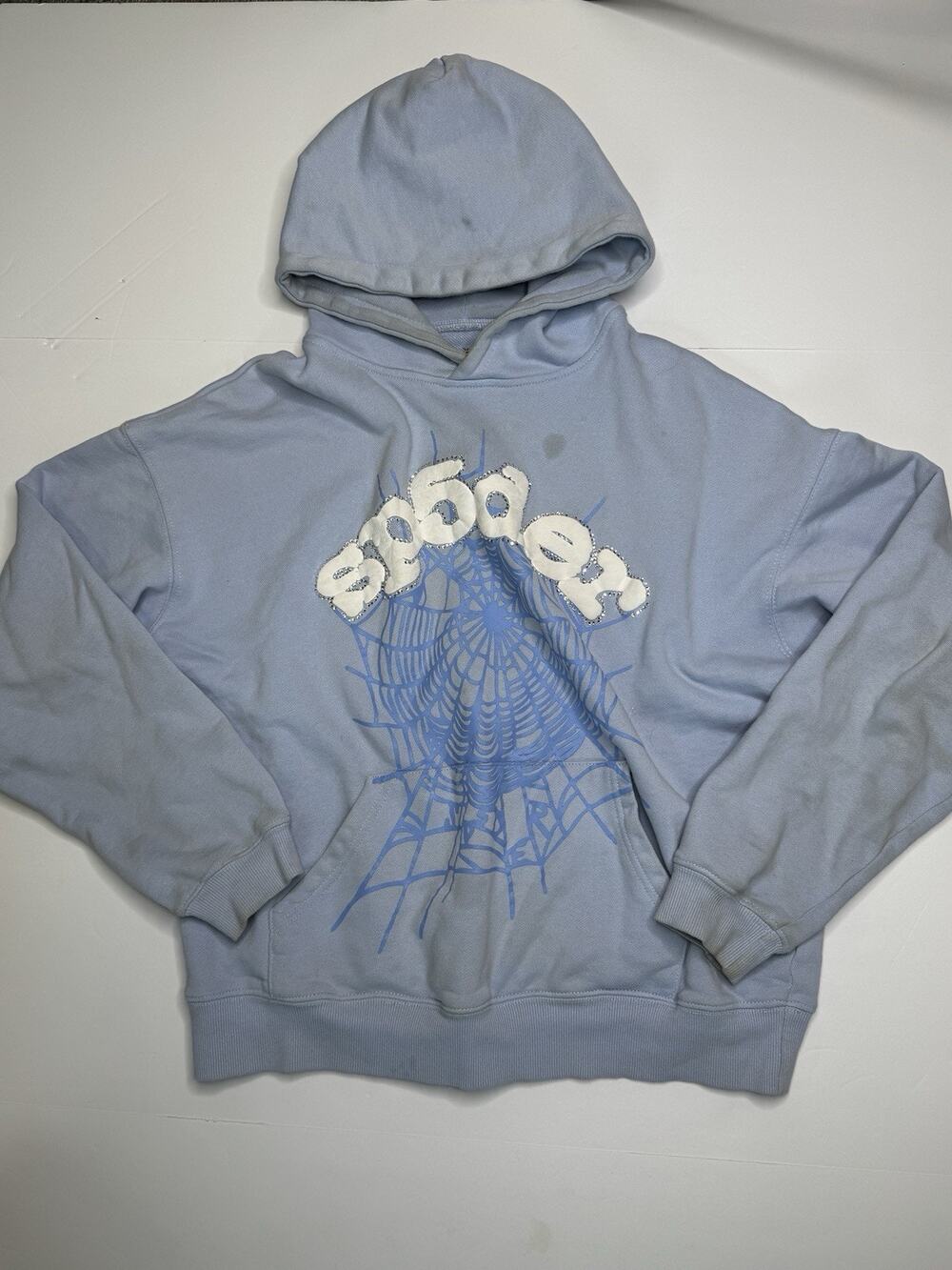Sp5der Mens M Y2K Light Blue Rhinestone Web Hoodie Pullover Sweatshirt Medium